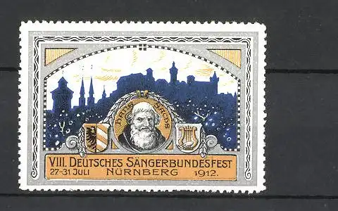 Reklamemarke Nünberg, VIII. Deutsches Sängerbundfest 1912, Ortsansicht, Männerportrait & Wappen