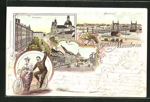 Lithographie Mannheim, Schillerplatz, Neckarbrücke und Planken, Paar auf einem Tandem (Fahrrad)