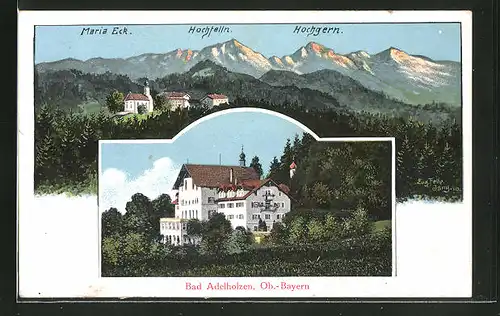 Künstler-AK Eugen Felle: Bad Adelholzen, Kurhaus Wildbad, Panorama mit Maria Eck und Hochgern