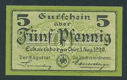Notgeld Eckartsberga 1920, 5 Pfennig, Spruch über die Preussen
