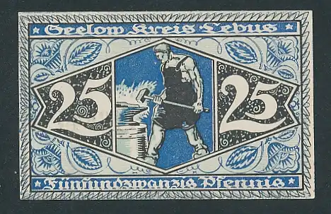 Notgeld Seelow 1920, 25 Pfennig, Schmied am Amboss und Wappen