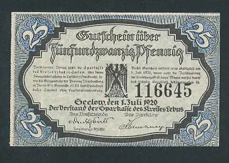 Notgeld Seelow 1920, 25 Pfennig, Schmied am Amboss und Wappen