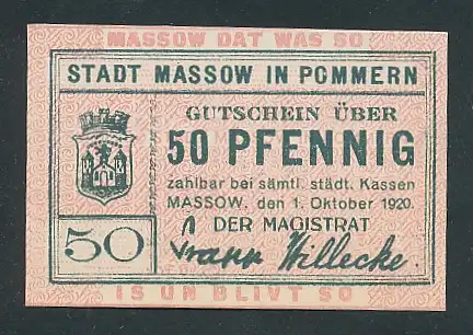 Notgeld Massow in Pommern 1920, 50 Pfennig, Stadtwappen