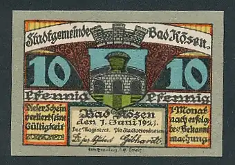 Notgeld Bad Kösen 1921, 10 Pfennig, Kurmittelhaus und Wappen