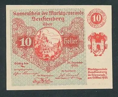 Notgeld Senftenberg 1920, 10 Heller, Ortsansicht und Wappen