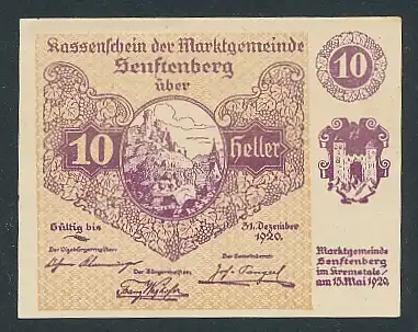Notgeld Senftenberg 1920, 10 Heller, Ortsansicht und Wappen