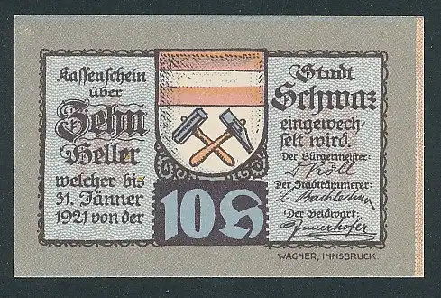 Notgeld Schwaz in Tirol 1921, 10 Heller, Edelweiss und Frauen, Stadtwappen