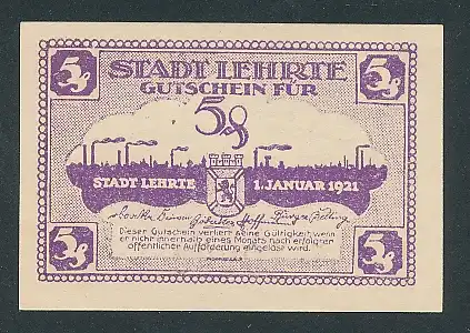 Notgeld Lehrte 1921, 5 Pfennig, Ortssilhouette und Wappen