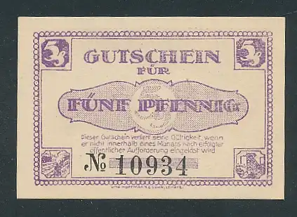 Notgeld Lehrte 1921, 5 Pfennig, Ortssilhouette und Wappen