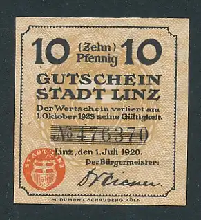 Notgeld Linz 1920, 10 Pfennig, Ortsansicht und Wappen