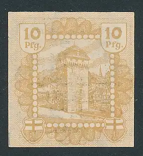 Notgeld Linz 1920, 10 Pfennig, Ortsansicht und Wappen
