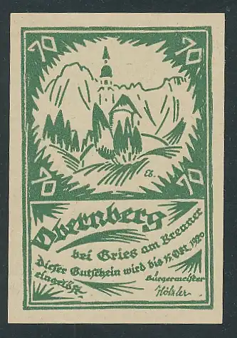 Notgeld Obernberg in Tirol 1920, 70 Heller, Kirchenansicht, grün