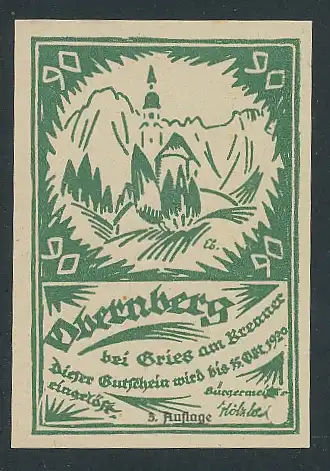 Notgeld Obernberg in Tirol 1920, 90 Heller, Kirchenansicht, grün