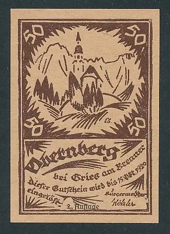 Notgeld Obernberg in Tirol 1920, 50 Heller, Kirchenansicht, braun
