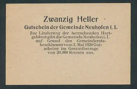 Notgeld Neuhofen im Innkreis 1920, 20 Heller