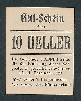 Notgeld Hadres in Niederösterreich 1920, 10 Heller