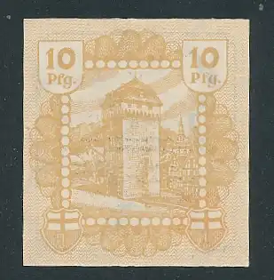 Notgeld Linz 1920, 10 Pfennig, alter Turm und Wappen
