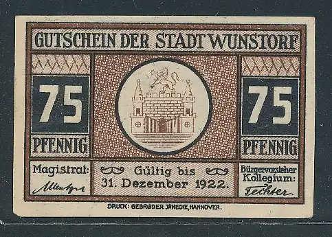 Notgeld Wunstorf 1922, 75 Pfennig, Stadtwappen und Rathaus