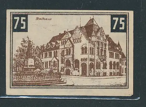 Notgeld Wunstorf 1922, 75 Pfennig, Stadtwappen und Rathaus