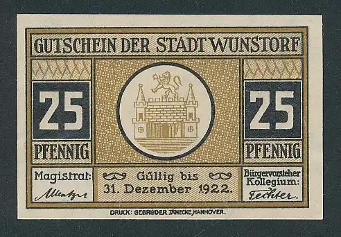 Notgeld Wunstorf 1922, 25 Pfennig, Stadtwappen, Langestrasse mit Stadtkirche