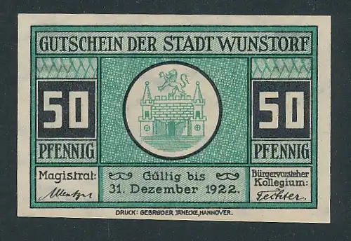 Notgeld Wunstorf 1922, 50 Pfennig, Stadtwappen, Stiftskirche