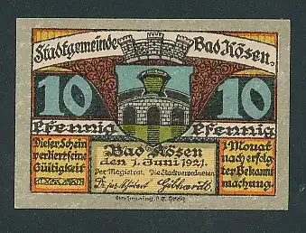 Notgeld Bad Kösen 1921, 10 Pfennig, Hufeland-Solesprudel, Wappen