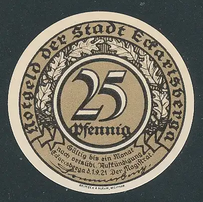 Notgeld Eckartsberga 1921, 25 Pfennig, Spruch von Hörmann