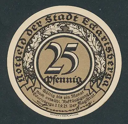 Notgeld Eckartsberga 1921, 25 Pfennig, Spruch von Schenkendorf