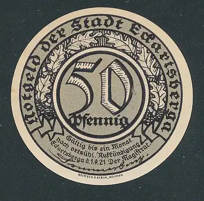Notgeld Eckartsberga 1921, 50 Pfennig, Porträt Goethe