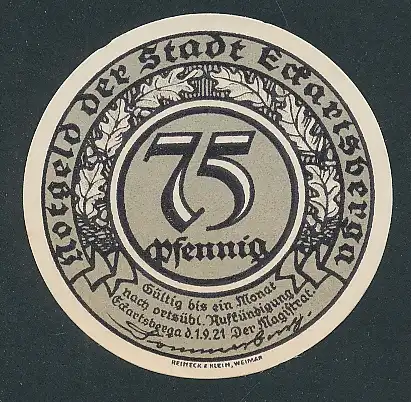 Notgeld Eckartsberga 1921, 75 Pfennig, Porträt Friedrich der Grosse