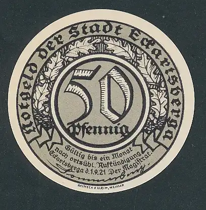 Notgeld Eckartsberga 1921, 50 Pfennig, Porträt von Goethe