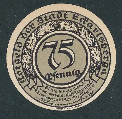 Notgeld Eckartsberga 1921, 75 Pfennig, Porträt Friedrich der Grosse