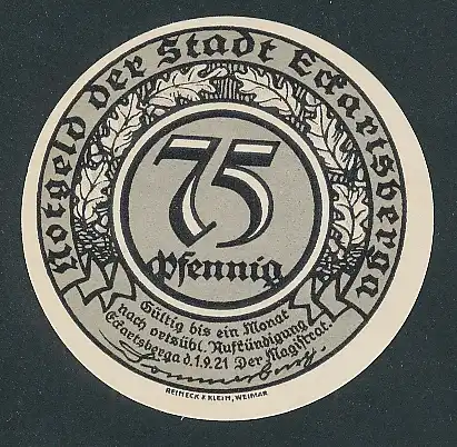 Notgeld Eckartsberga 1921, 75 Pfennig, Porträt weibliche Persönlichkeit