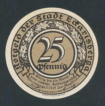 Notgeld Eckartsberga 1921, 25 Pfennig, Spruch von Strachwitz