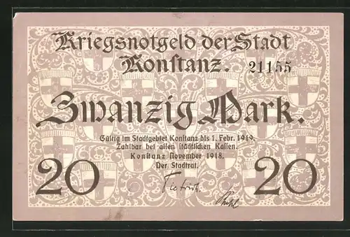 Notgeld Konstanz 1918, 20 Mark, Wappen, Blick über den Bodensee rückseitig