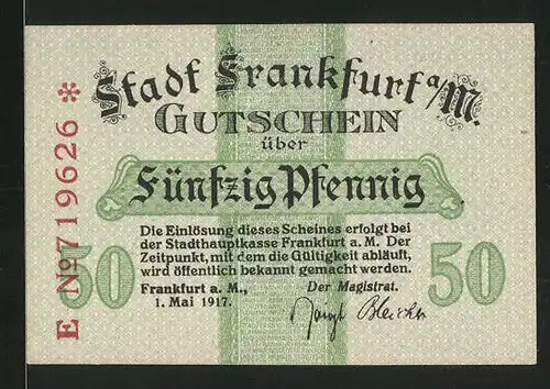 Notgeld Frankfurt / Main 1917, 50 Pfennig, Stadtwappen rückseitig