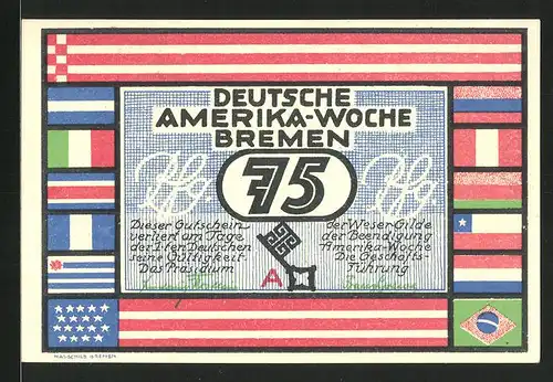 Notgeld Bremen 1923, 75 Pfennig, Deutsche Amerika-Woche, Schleuse Bremerhaven