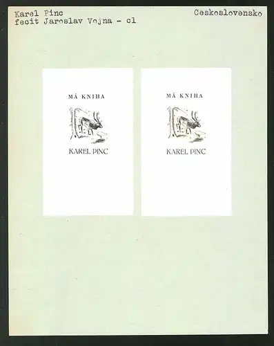 Exlibris von Jaroslav Vojna für Karel Pinc, Hirsch in schwarz-weiss & coloriert