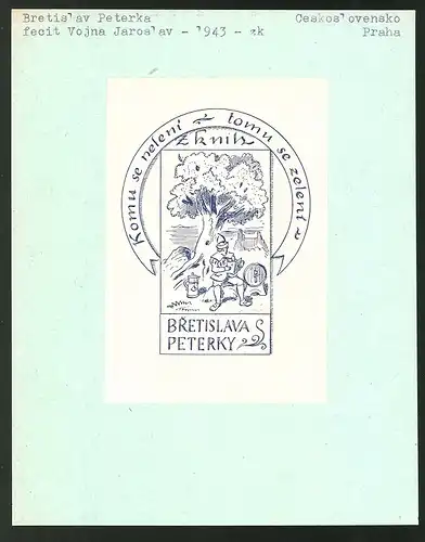 Exlibris von Jaroslav Vojna für Bretislav Peterka, Wanderer unter Baum rastend