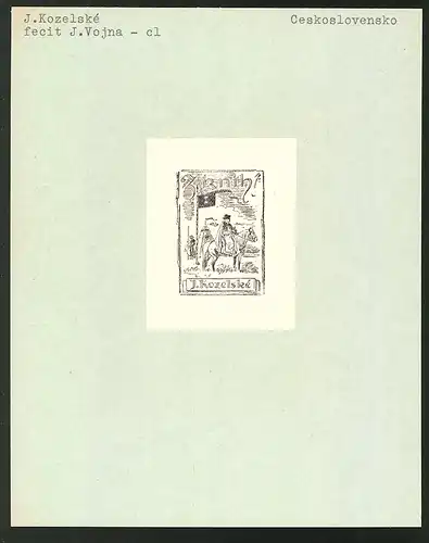 Exlibris von Jaroslav Vojna für J. Kozelske, Mann zu Pferd vor Banner und Zelt