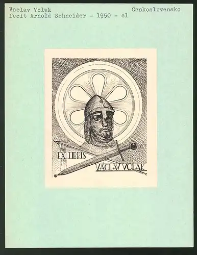 Exlibris von Arnold Schneider für Vaclav Volak, St. Vaclav mit Helm und Schwert