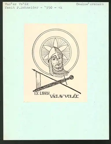 Exlibris von P. Schneider für Vaclav Volak, St. Vaclav mit Schwert und Banner
