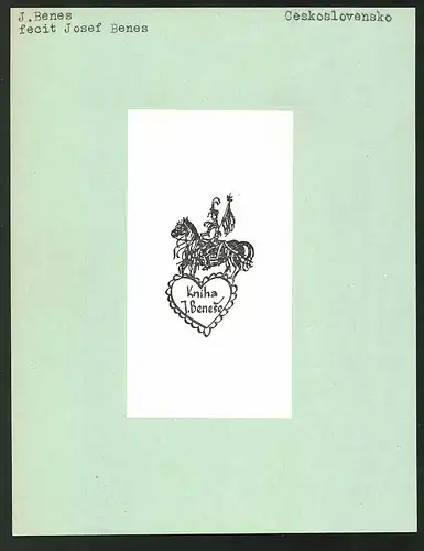 Exlibris von Josef Benes für J. Benese, Kavallerist zu Pferd auf einem Herz