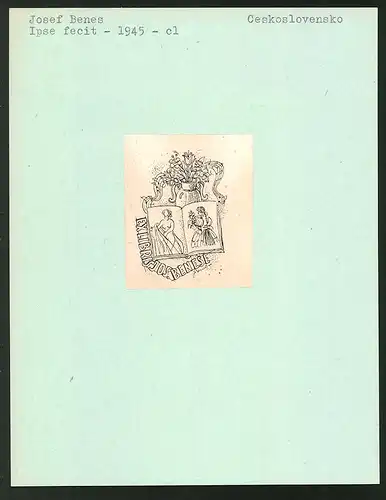 Exlibris von Josef Benes für Jos Benese, offenes Buch & Blumenvase