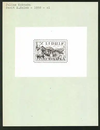 Exlibris von Z. Salek für Julius Kokoska, Bauernhaus auf einer Briefmarke