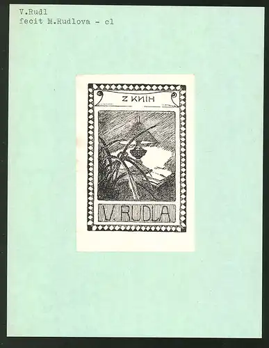 Exlibris von M. Rudlova für V. Rudl, offenes Buch und Tischlampe