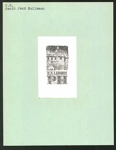 Exlibris von Jenö Kollmann für P.H., Gebäudeansicht mit Torbogen