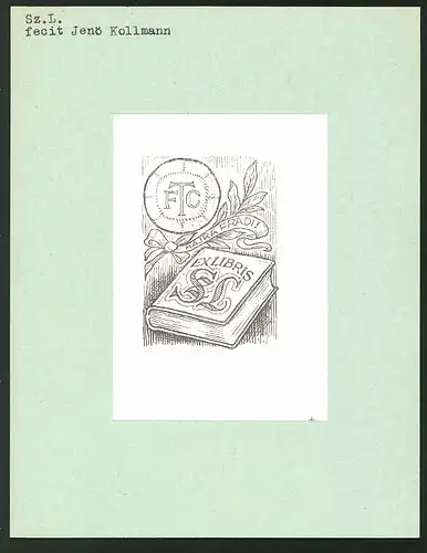 Exlibris von Jenö Kollmann für Sz. L., Ball mit Wappen Ferencvárosi Torna Club, Buch mit Initialien