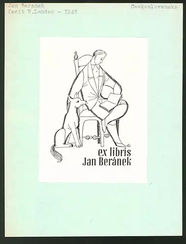 Exlibris von Richard Lander für Jan Beranek, Mann liest ein Buch, Hund sitzt daneben