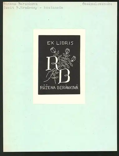 Exlibris von B. Hradecny für Ruzena Berankova, Rosen und Initialien